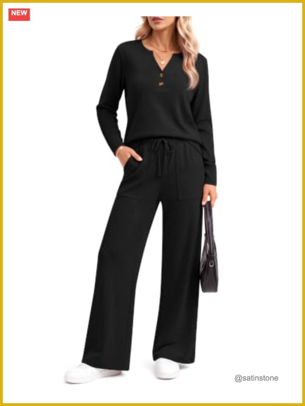 Women 2 Piece Lounge Set Long Sleeve V-Neck Henley Wide Leg Pants Travel